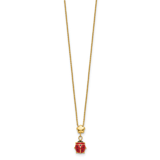 Collar de Flor Esmaltada con Mariquita en Oro de 14k – 16.5 pulgadas