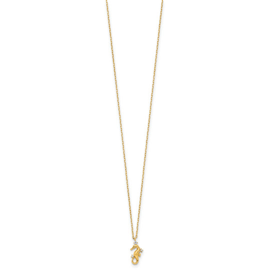 Collar Temático con Caballito de Mar en Oro Amarillo de 14k Pulido con CZ y Extensión de 1.25"