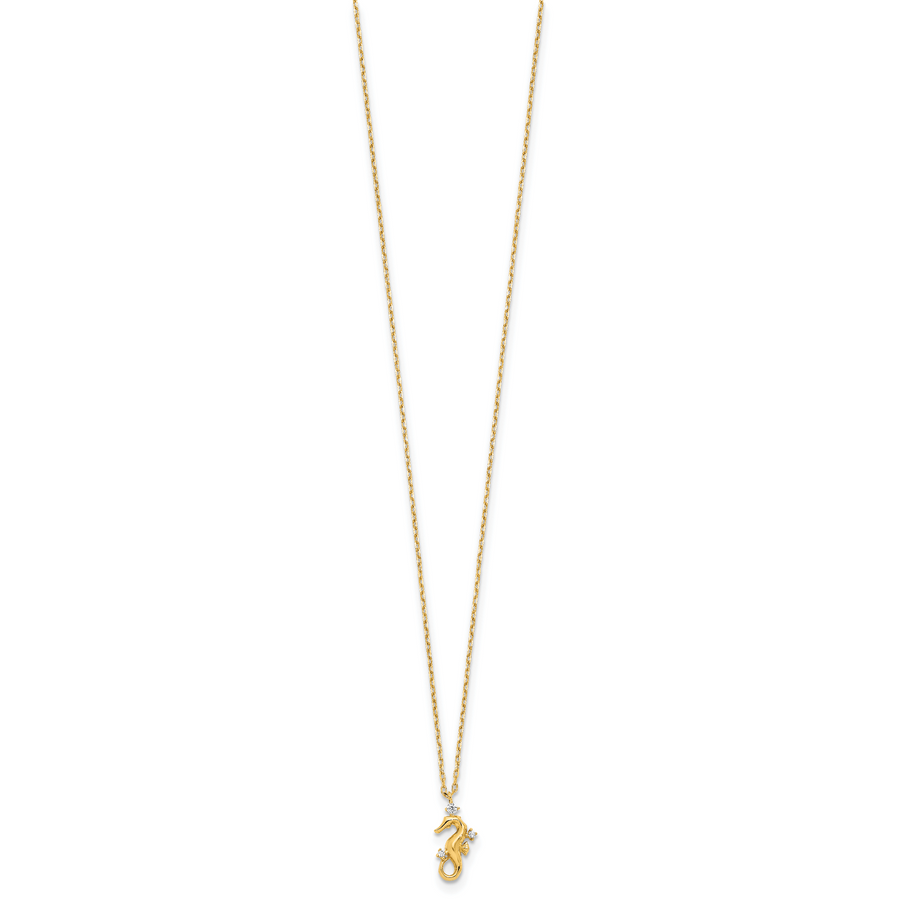 Collar Temático con Caballito de Mar en Oro Amarillo de 14k Pulido con CZ y Extensión de 1.25"