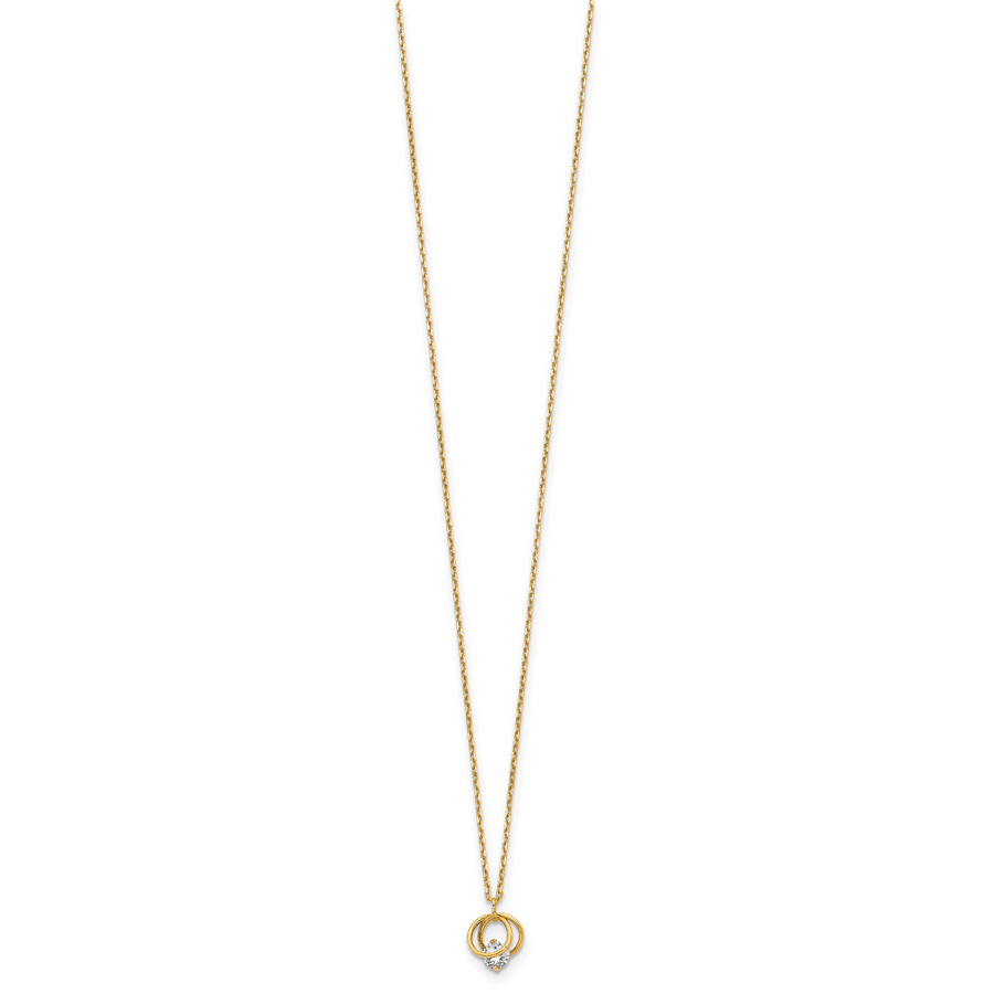 Collar de Oro Amarillo de 14K con Doble Círculo Pulido y Circonia Cúbica, 15" con Extensor de 1"