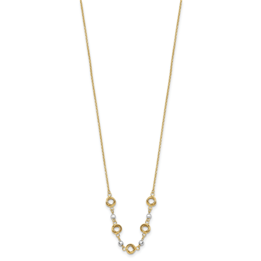 Collar de Nudos de Amor y Perlas D/C Pulidos en Oro 14K Bicolor con Extensor de 2 Pulgadas