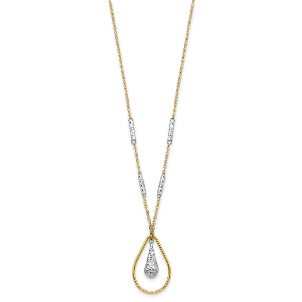 14K Polished Dual-Tone Teardrop Necklace with Diamond Finish