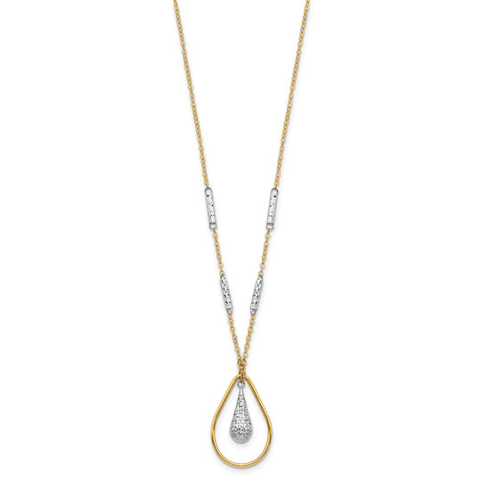14K Polished Dual-Tone Teardrop Necklace with Diamond Finish