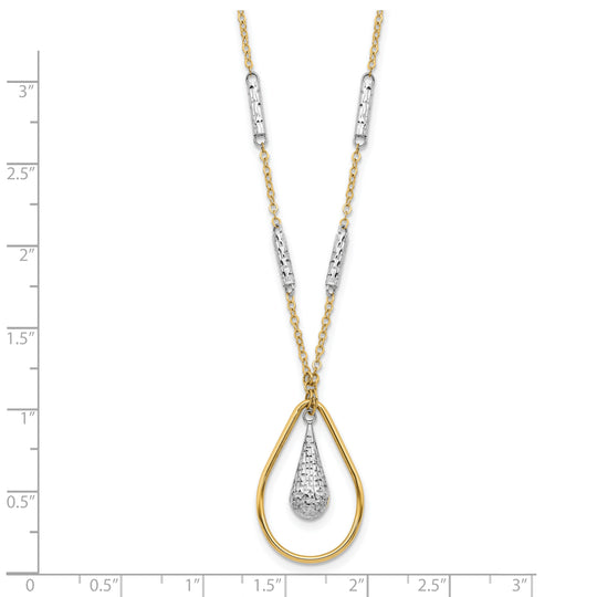 14K Polished Dual-Tone Teardrop Necklace with Diamond Finish