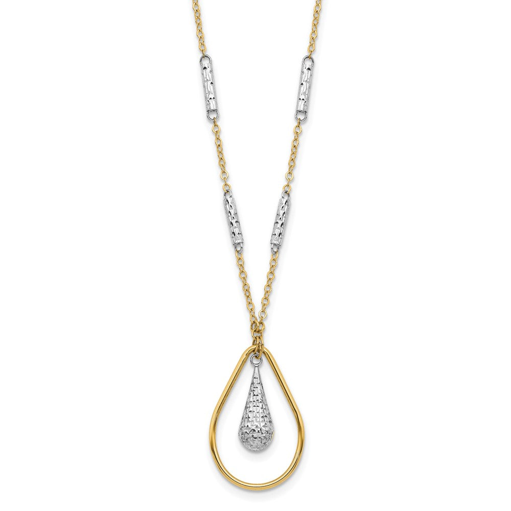 14K Polished Dual-Tone Teardrop Necklace with Diamond Finish