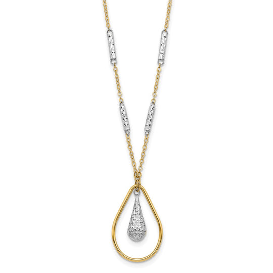 14K Polished Dual-Tone Teardrop Necklace with Diamond Finish