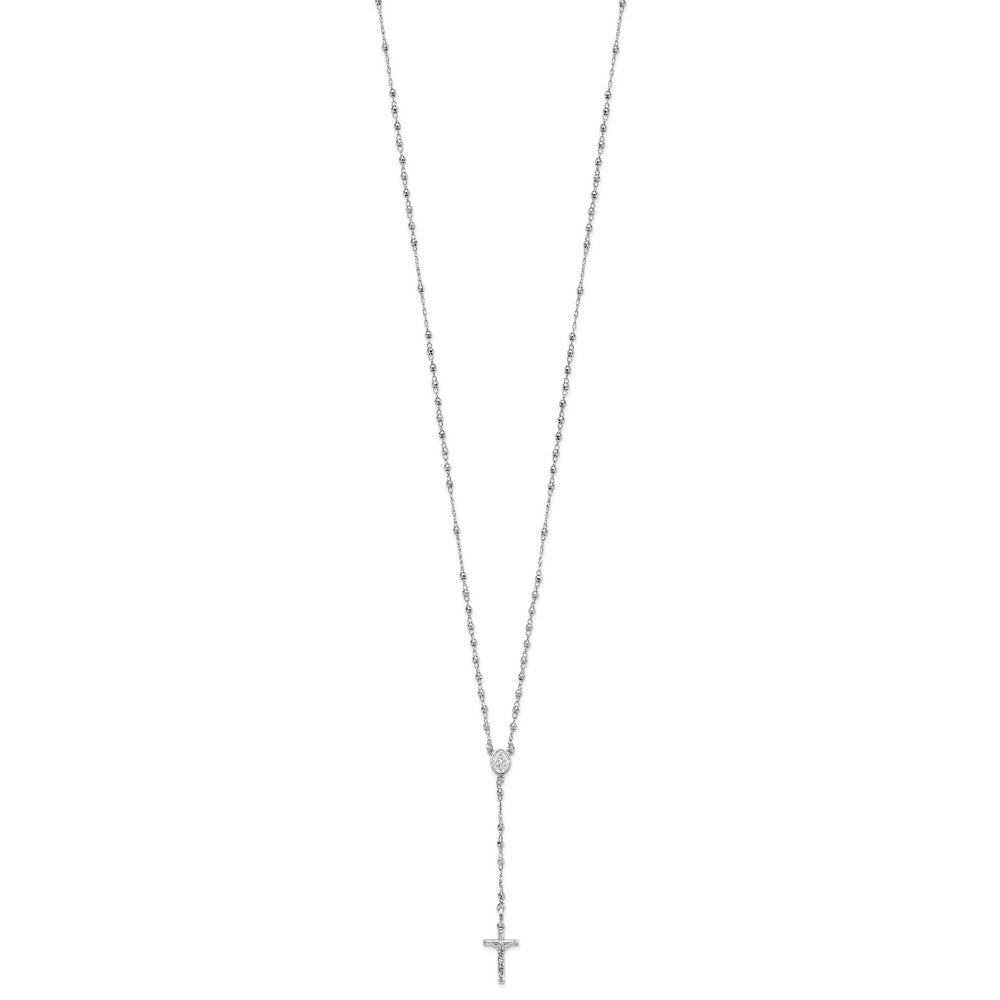 Collar de Rosario en Oro Blanco de 14K con Cuentas Facetadas Pulidas de 18 Pulgadas
