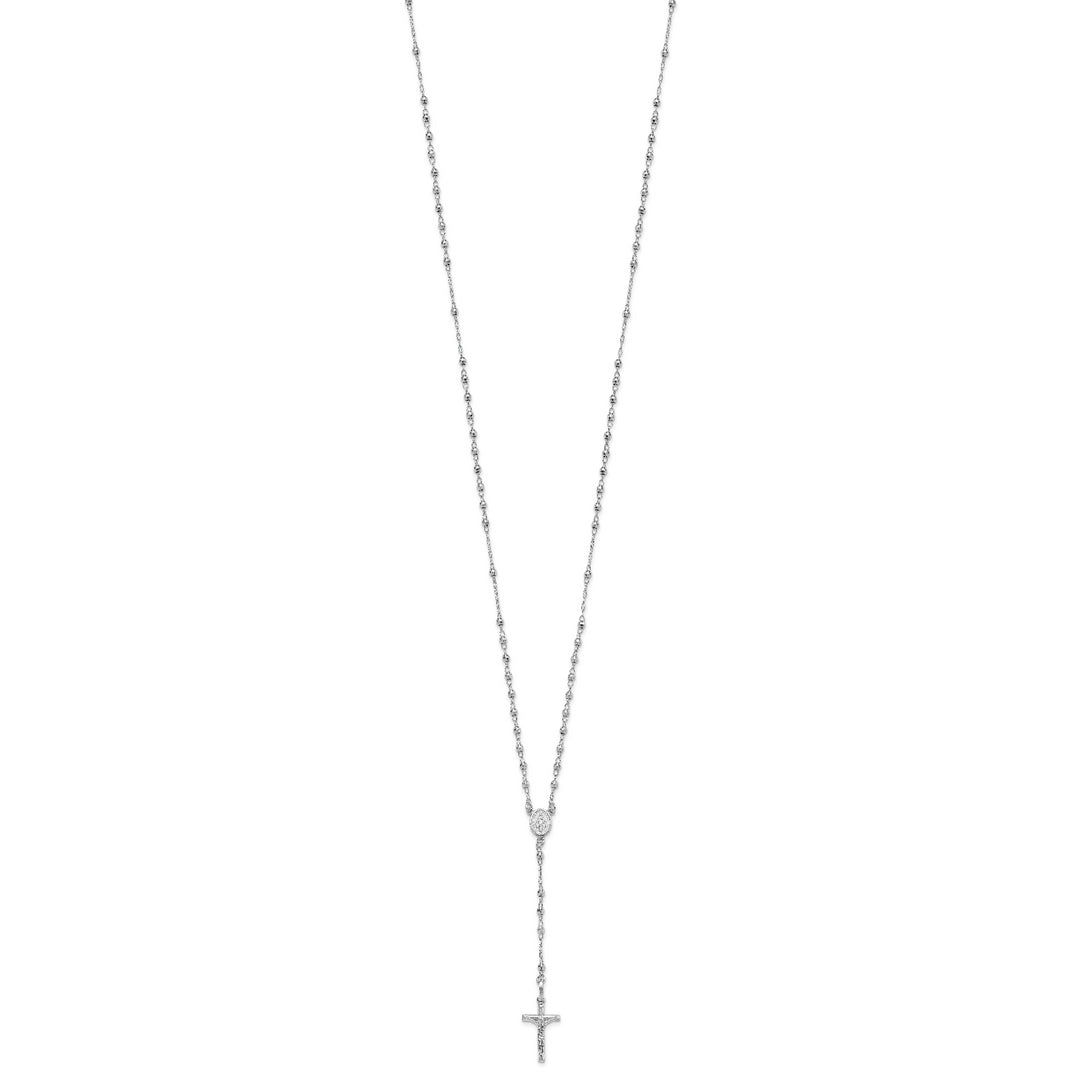 Collar de Rosario en Oro Blanco de 14K con Cuentas Facetadas Pulidas de 18 Pulgadas