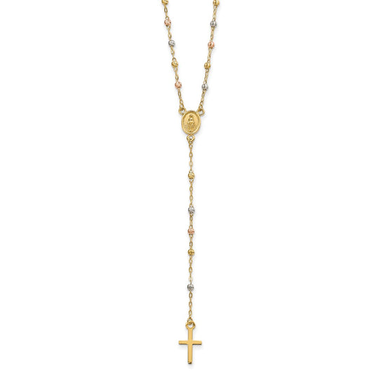 Collar de Rosario con Cuentas de 14K Tricolor, 17 Pulgadas con Extensión de 3 Pulgadas