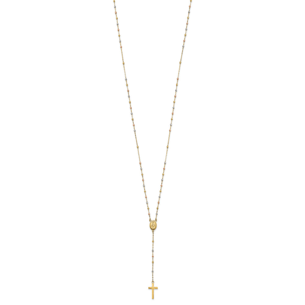 Collar de Rosario de 14K Tricolor con Cuentas y Extensión de 3 Pulgadas, 17 Pulgadas de Largo
