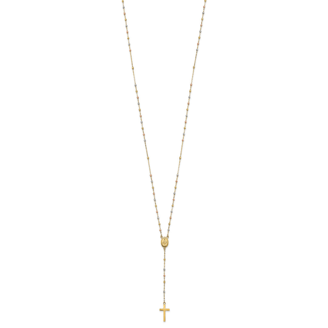 Collar de Rosario de 14K Tricolor con Cuentas y Extensión de 3 Pulgadas, 17 Pulgadas de Largo