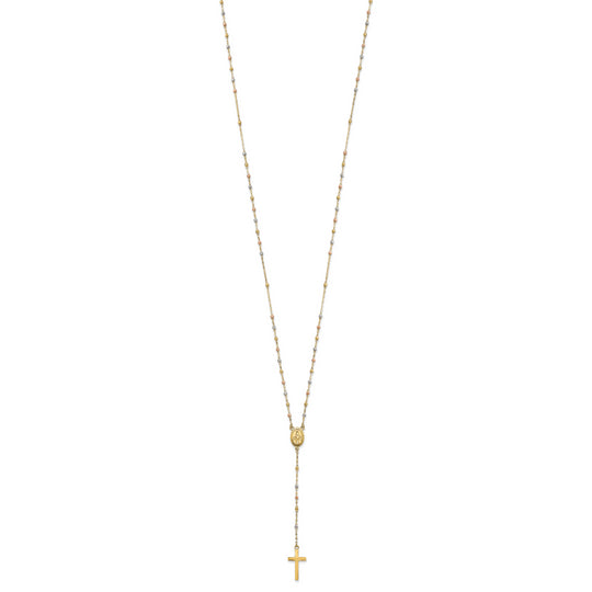 Collar de Rosario de 14K Tricolor con Cuentas y Extensión de 3 Pulgadas, 17 Pulgadas de Largo