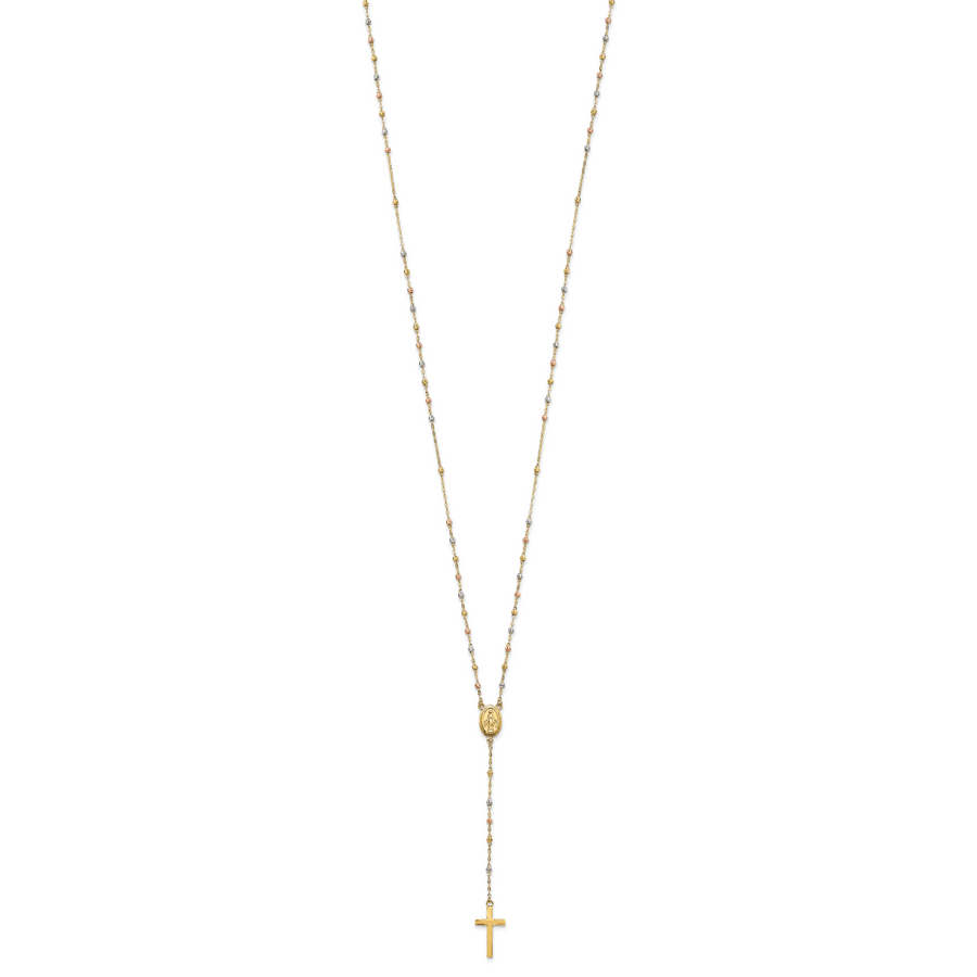 Collar de Rosario de 14K Tricolor con Cuentas y Extensión de 3 Pulgadas, 17 Pulgadas de Largo