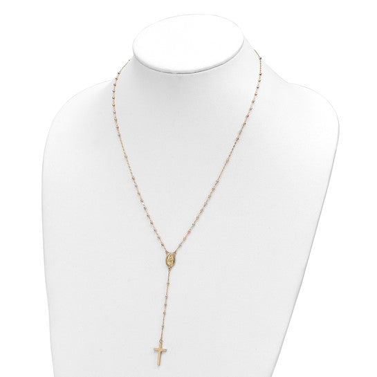 Collar de Rosario de 14K Tricolor con Cuentas y Extensión de 3 Pulgadas, 17 Pulgadas de Largo