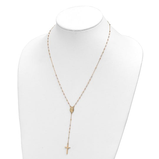 Collar de Rosario de 14K Tricolor con Cuentas y Extensión de 3 Pulgadas, 17 Pulgadas de Largo