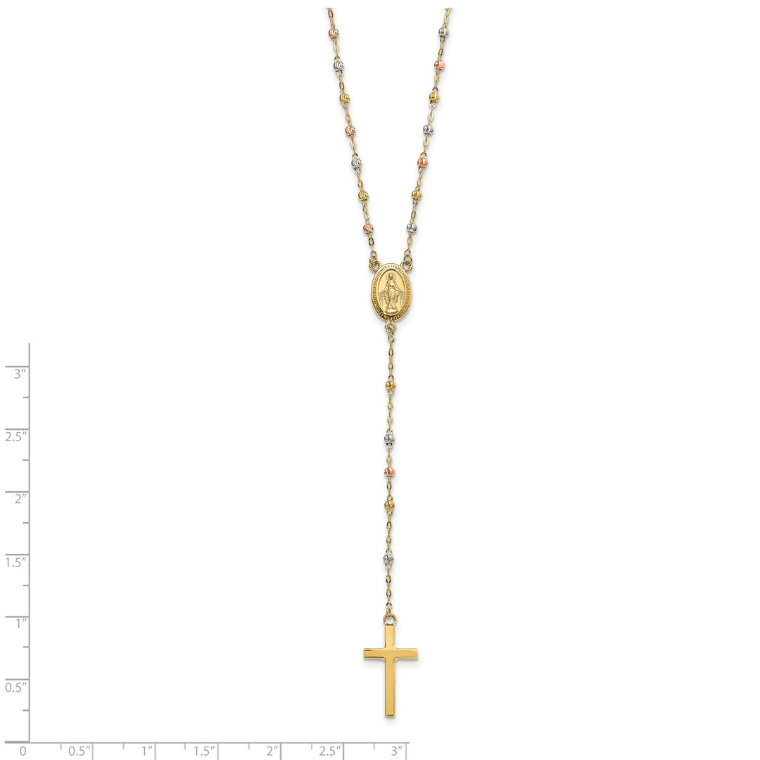 Collar de Rosario de 14K Tricolor con Cuentas y Extensión de 3 Pulgadas, 17 Pulgadas de Largo