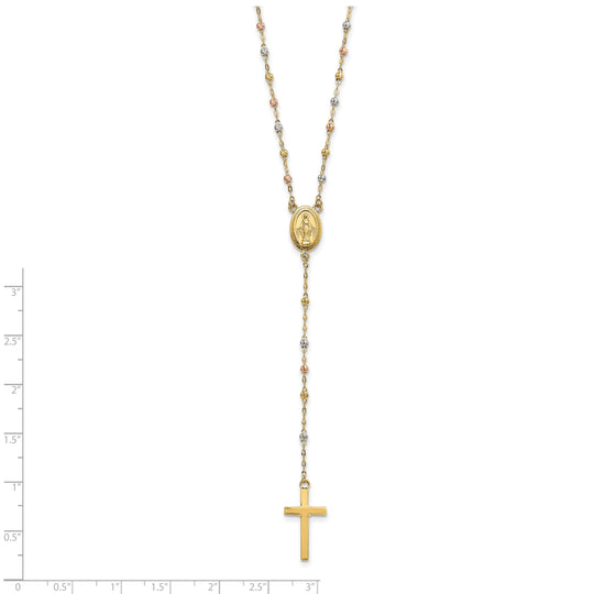 Collar de Rosario de 14K Tricolor con Cuentas y Extensión de 3 Pulgadas, 17 Pulgadas de Largo