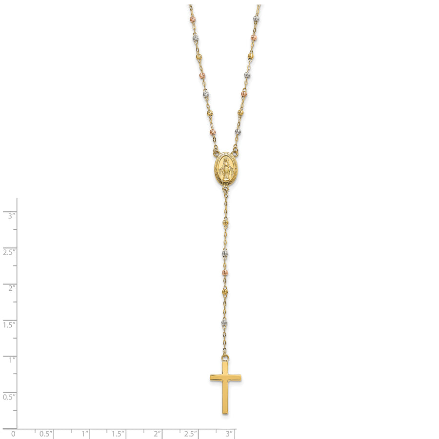 Collar de Rosario de 14K Tricolor con Cuentas y Extensión de 3 Pulgadas, 17 Pulgadas de Largo
