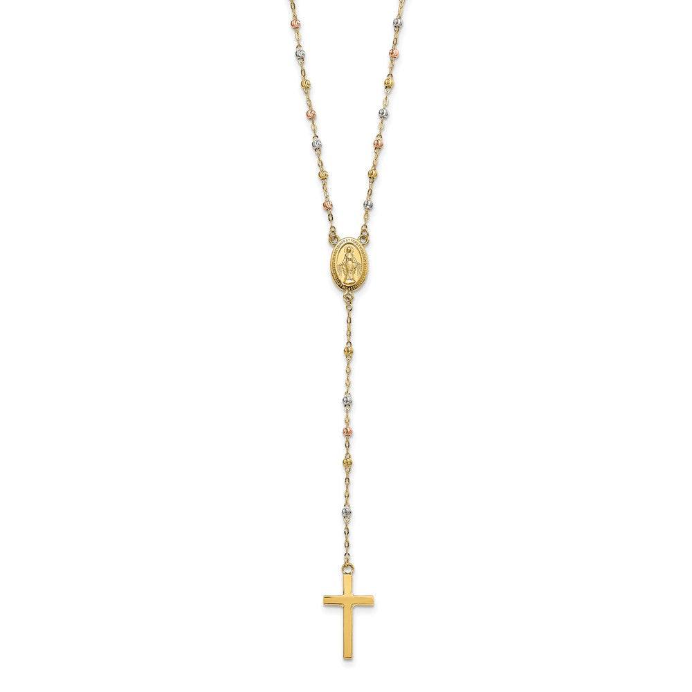 Collar de Rosario de 14K Tricolor con Cuentas y Extensión de 3 Pulgadas, 17 Pulgadas de Largo