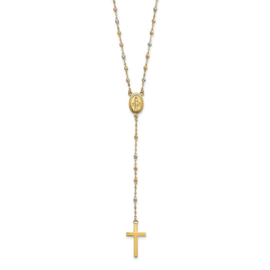 Collar de Rosario de 14K Tricolor con Cuentas y Extensión de 3 Pulgadas, 17 Pulgadas de Largo