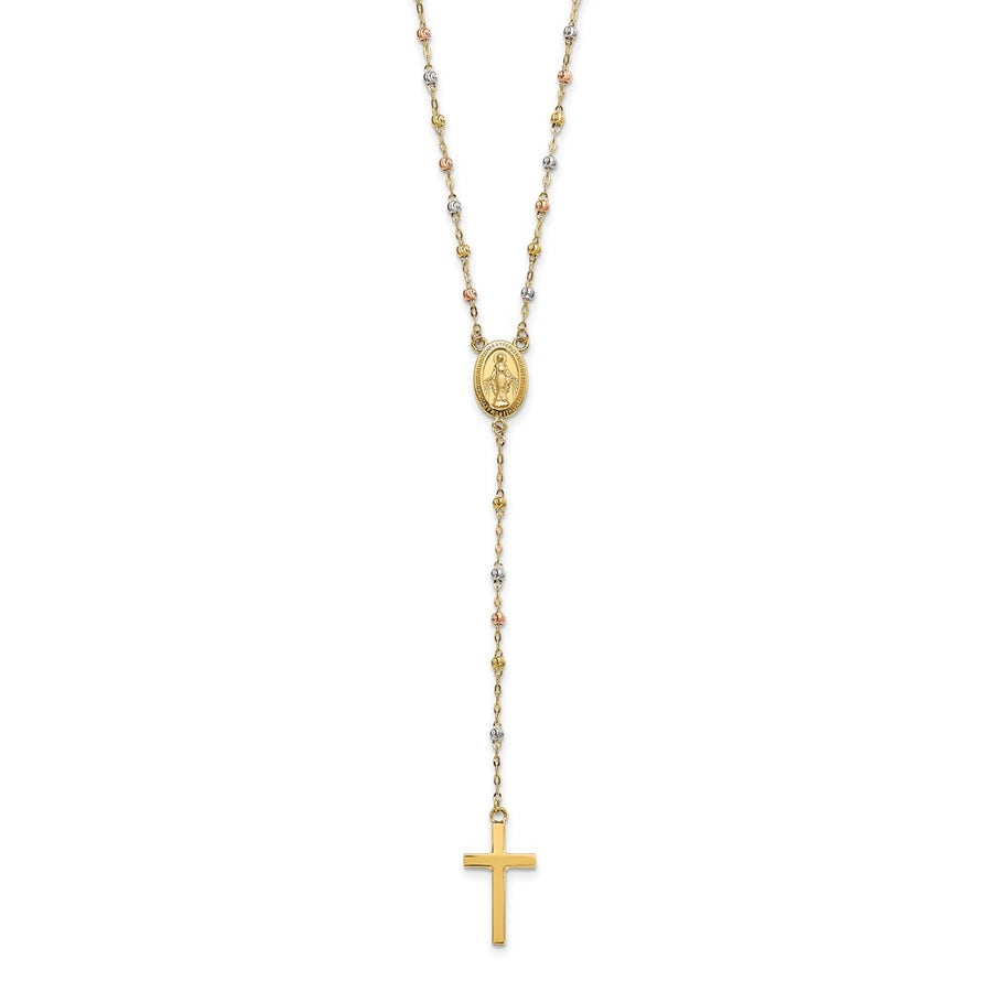 Collar de Rosario de 14K Tricolor con Cuentas y Extensión de 3 Pulgadas, 17 Pulgadas de Largo