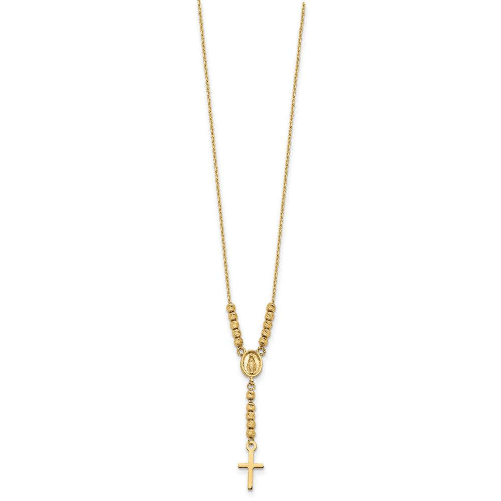 Collar de 14K en Oro Amarillo con Medalla Milagrosa, Cruz y Cuentas D/C Pulidas de 17 Pulgadas