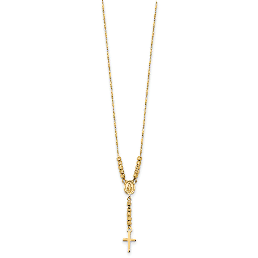 Collar de 14K en Oro Amarillo con Medalla Milagrosa, Cruz y Cuentas D/C Pulidas de 17 Pulgadas