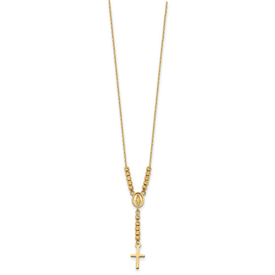 Collar de 14K en Oro Amarillo con Medalla Milagrosa, Cruz y Cuentas D/C Pulidas de 17 Pulgadas