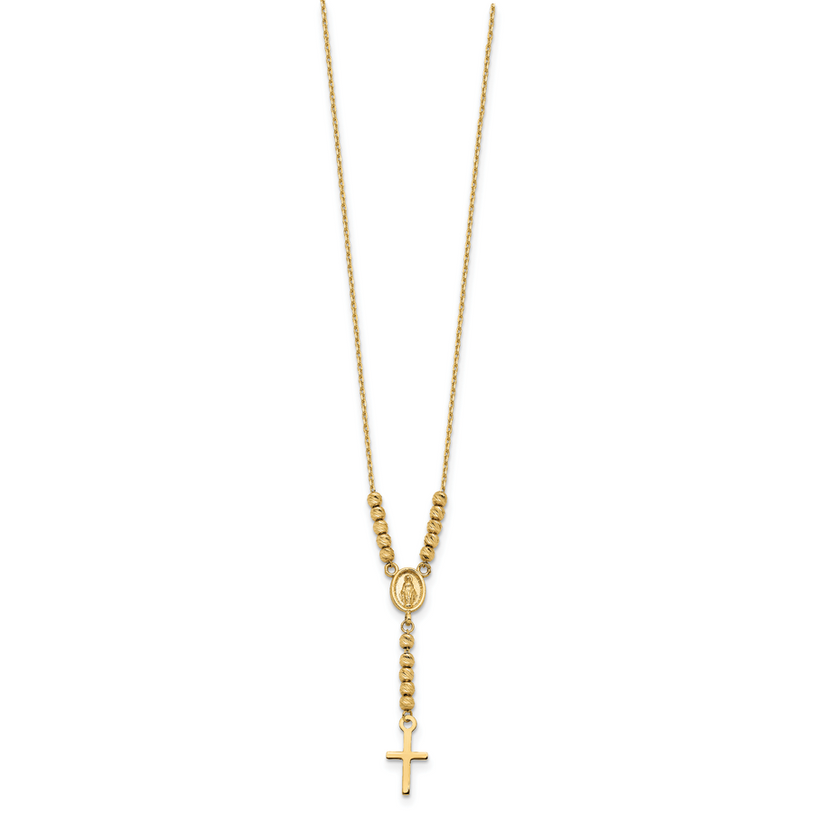 Collar de 14K en Oro Amarillo con Medalla Milagrosa, Cruz y Cuentas D/C Pulidas de 17 Pulgadas