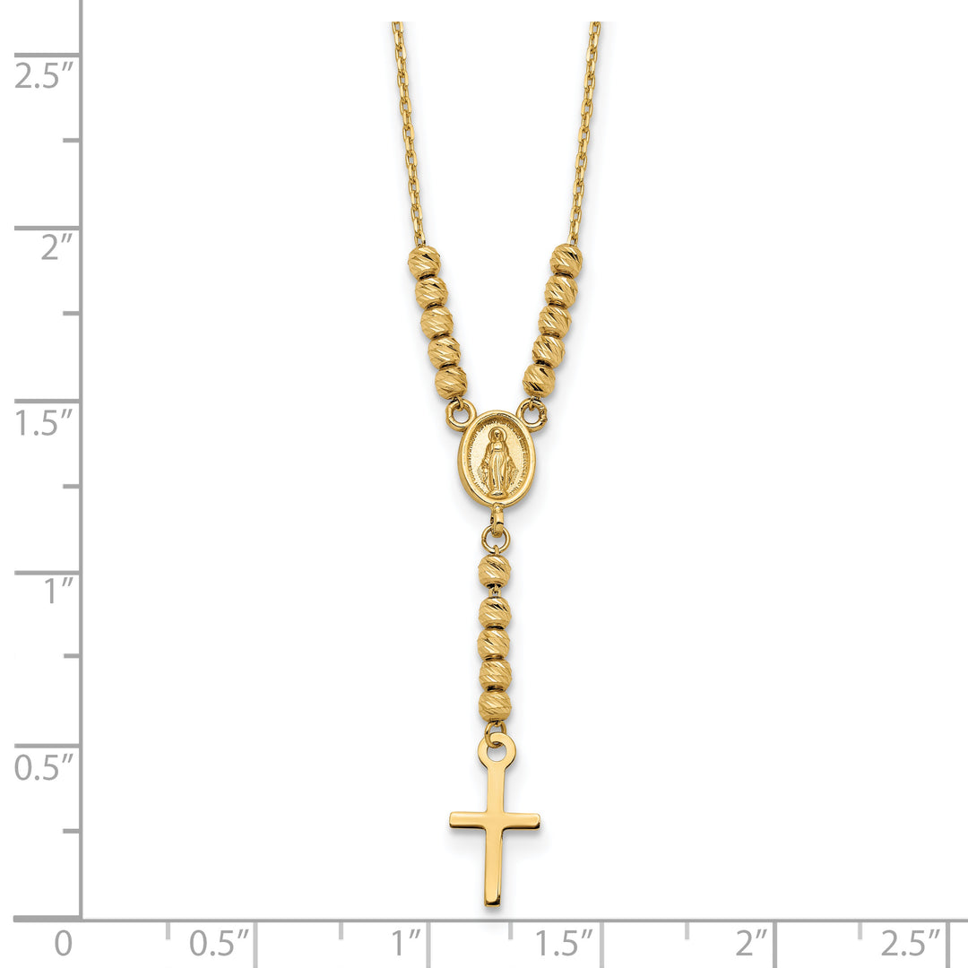 Collar de 14K en Oro Amarillo con Medalla Milagrosa, Cruz y Cuentas D/C Pulidas de 17 Pulgadas