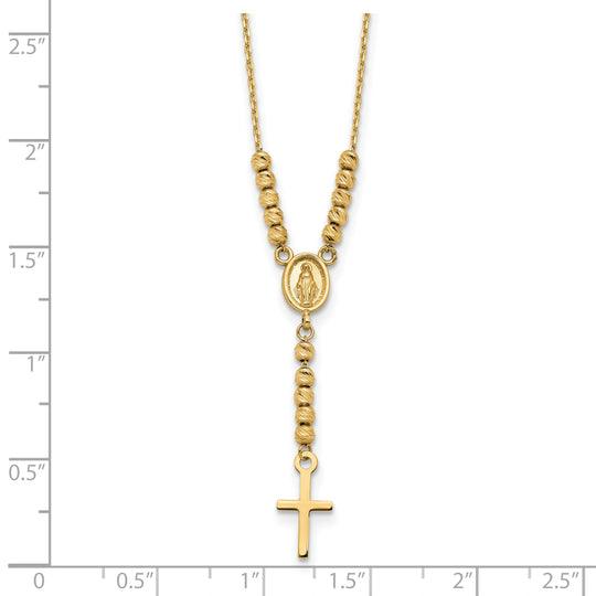 Collar de 14K en Oro Amarillo con Medalla Milagrosa, Cruz y Cuentas D/C Pulidas de 17 Pulgadas