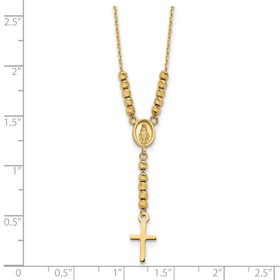 Collar de 14K en Oro Amarillo con Medalla Milagrosa, Cruz y Cuentas D/C Pulidas de 17 Pulgadas