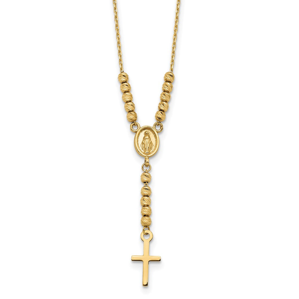 Collar de 14K en Oro Amarillo con Medalla Milagrosa, Cruz y Cuentas D/C Pulidas de 17 Pulgadas