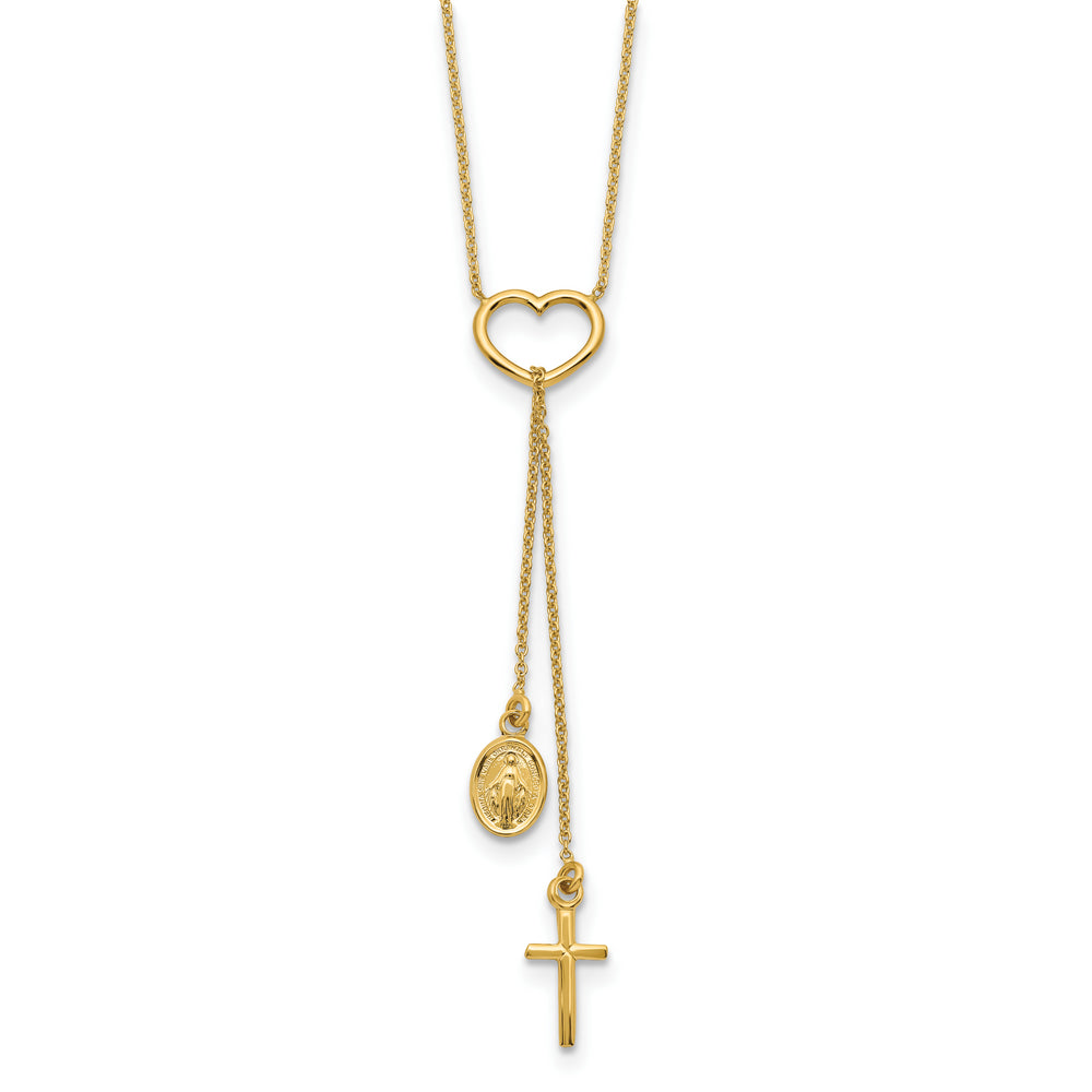 Collar en Oro Amarillo de 14K con Corazón Pulido, Cruz Colgante y Medalla Religiosa