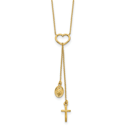 Collar en Oro Amarillo de 14K con Corazón Pulido, Cruz Colgante y Medalla Religiosa