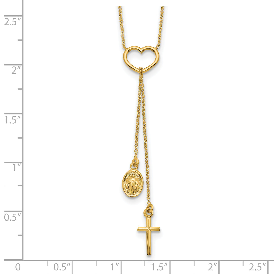 Collar en Oro Amarillo de 14K con Corazón Pulido, Cruz Colgante y Medalla Religiosa
