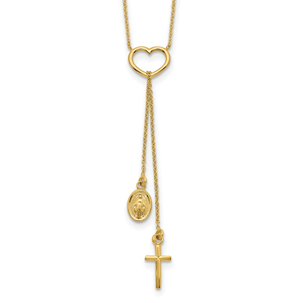 Collar en Oro Amarillo de 14K con Corazón Pulido, Cruz Colgante y Medalla Religiosa