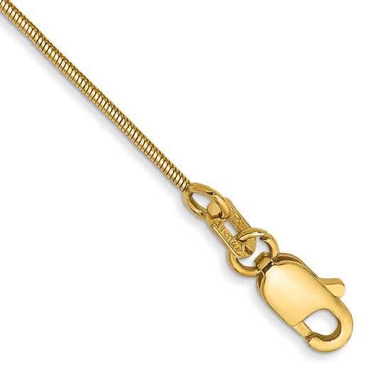 Tobillera de Oro Amarillo de 14K de 9in y 0.8mm Redonda de Estilo Snake con Cierre de Langosta