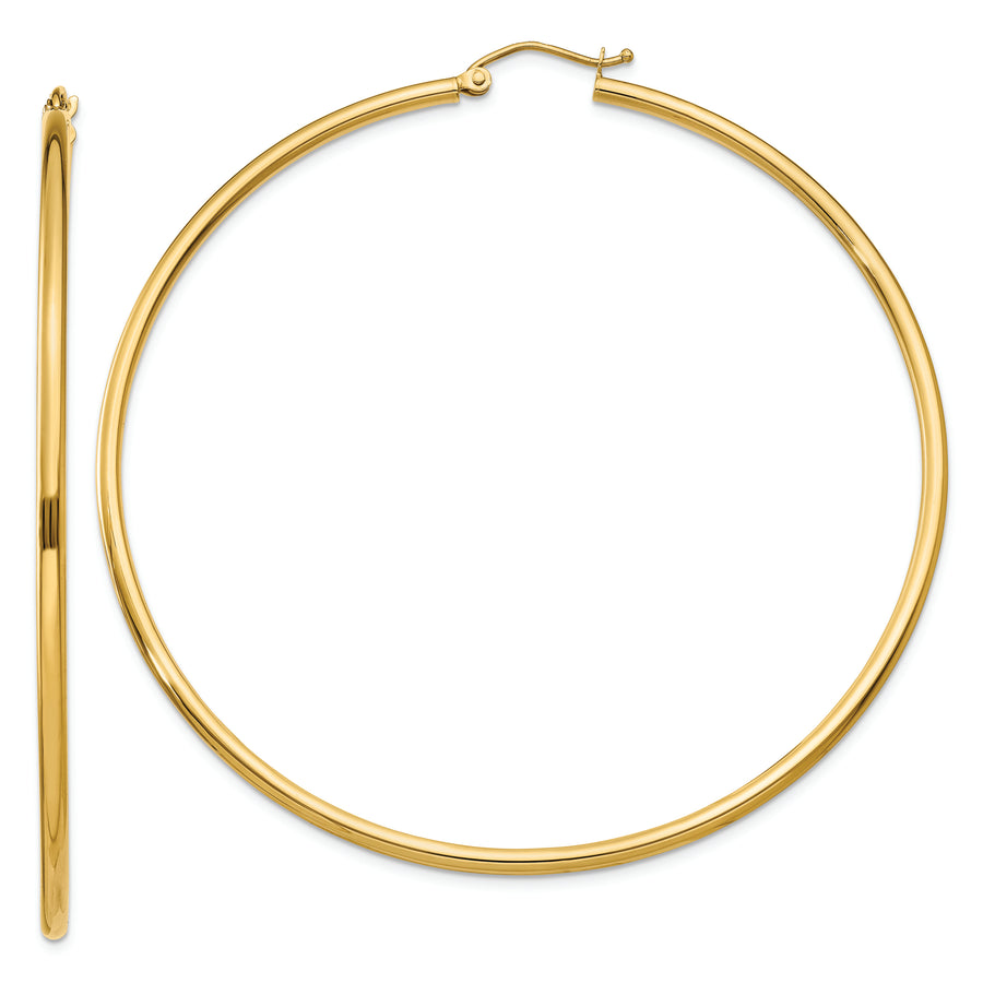 Pendientes de Aro Tubo Livianos Pulidos de Oro Amarillo de 14K de 2x65 mm