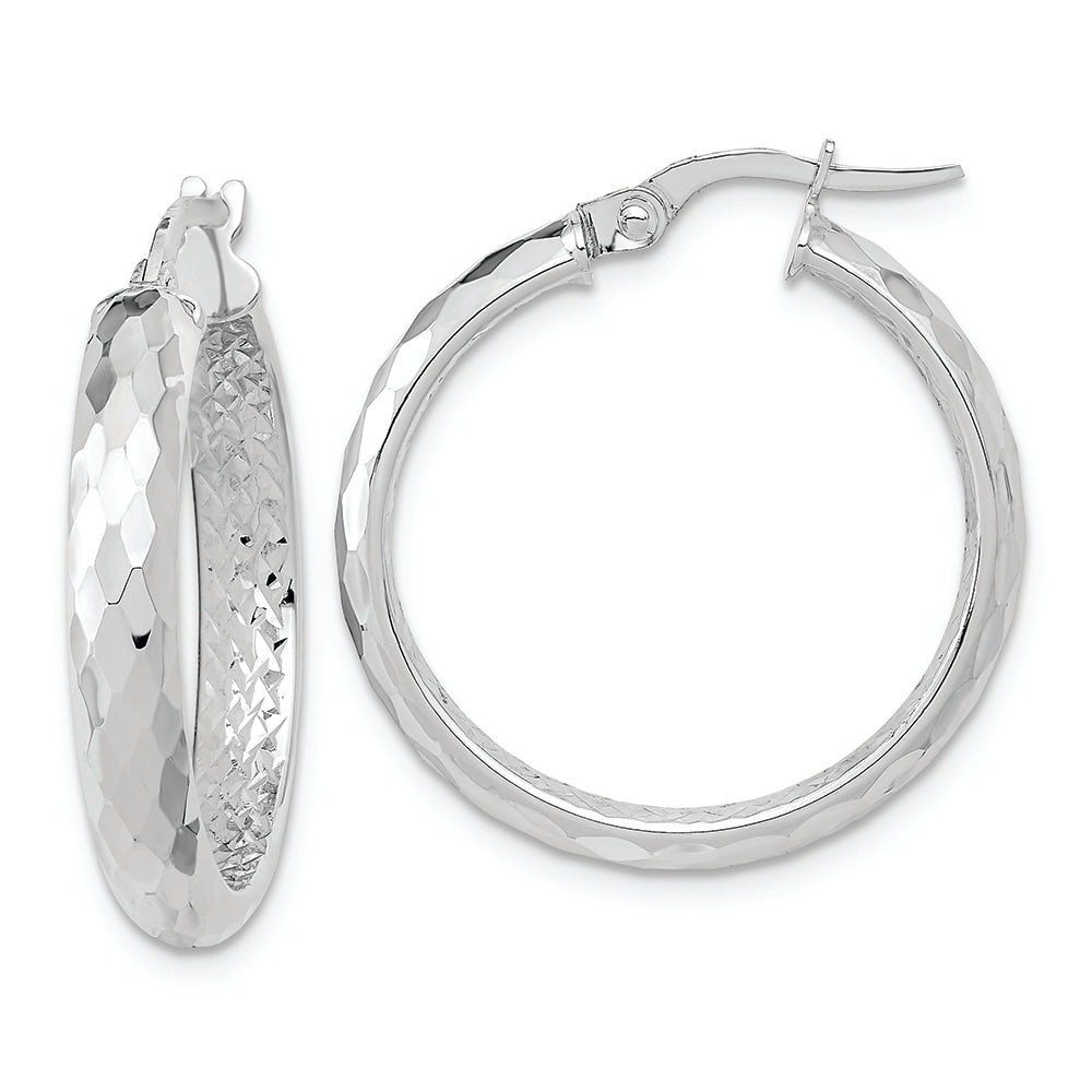 Aretes de Aro Interno de Fantasía en Oro Blanco de 14k Pulidos y con Textura de Corte Diamante