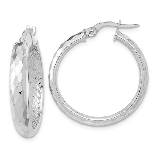 Aretes de Aro Interno de Fantasía en Oro Blanco de 14k Pulidos y con Textura de Corte Diamante