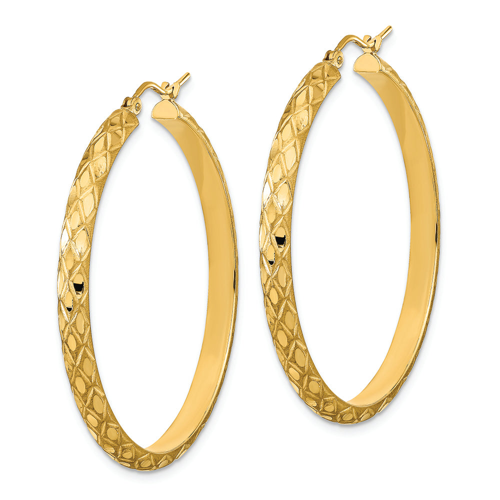 Aretes de Aro en Oro Amarillo de 14k Pulido, Satinado y Patrón de Diamante