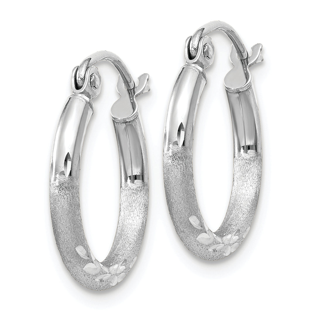 14k White Gold Satin Diamond Cut Round Hoops (2mm x 15mm)