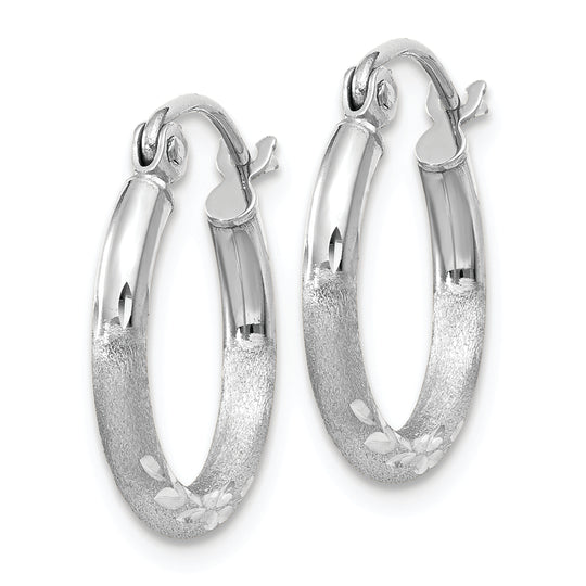 14k White Gold Satin Diamond Cut Round Hoops (2mm x 15mm)