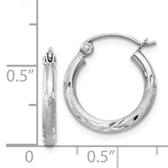 14k White Gold Satin Diamond Cut Round Hoops (2mm x 15mm)