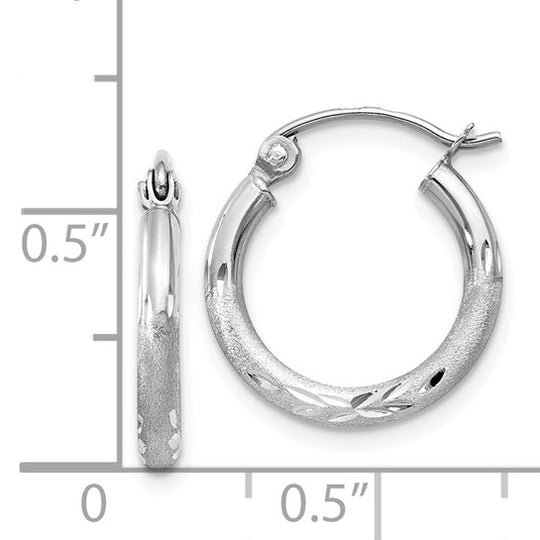 14k White Gold Satin Diamond Cut Round Hoops (2mm x 15mm)
