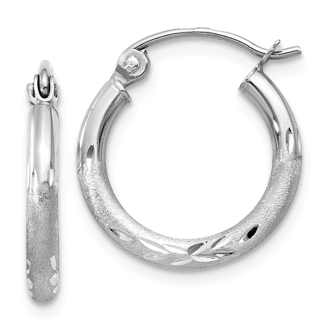 14k White Gold Satin Diamond Cut Round Hoops (2mm x 15mm)