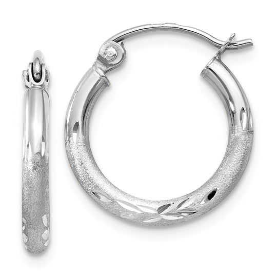 14k White Gold Satin Diamond Cut Round Hoops (2mm x 15mm)