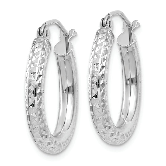 14k White Gold Round Diamond Cut Hoops (3mm x 20mm)