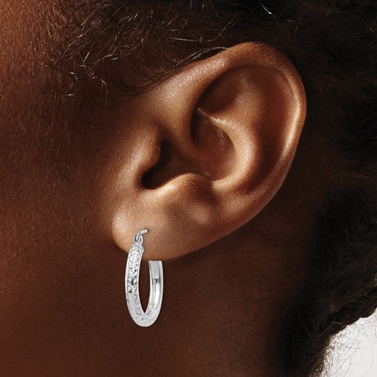 14k White Gold Round Diamond Cut Hoops (3mm x 20mm)